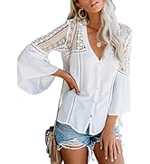 Elapsy Womens V Neck Lace Crochet Shirts Bell Sleeve Button Down Casual Tunic Blouses Tops