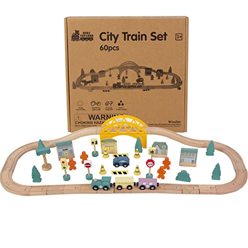 60Pcs Train Set for 3 Year Old Boys, DoubleSide Wooden Train Set
