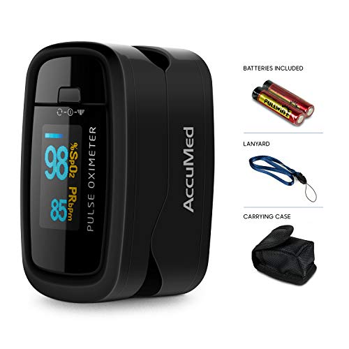 AccuMed CMS-50D1 Fingertip Pulse Oximeter Blood Oxygen Sensor SpO2 for Sports and Aviation. Portable and Lightweight with LED Display, 2 AAA Batteries, Lanyard and Travel Case (Black)