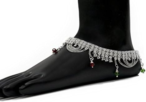 Pure Silver Plated Indian Anklet Pair with Faux Crystals - Length: 10.2 inches with S-hook closure