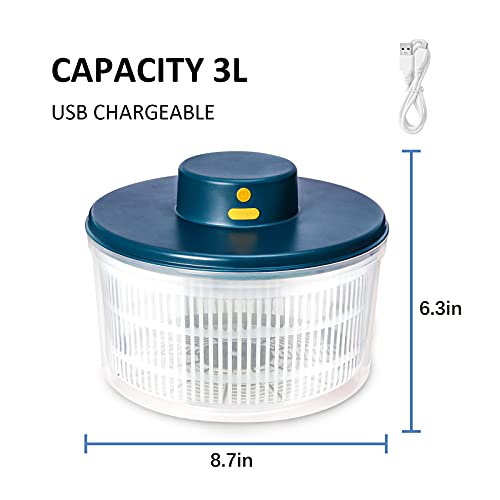 BORNKU Electric Salad Spinner 3L USB Chargeble,Vegetable Washer with Bowl, Lettuce Cleaner and