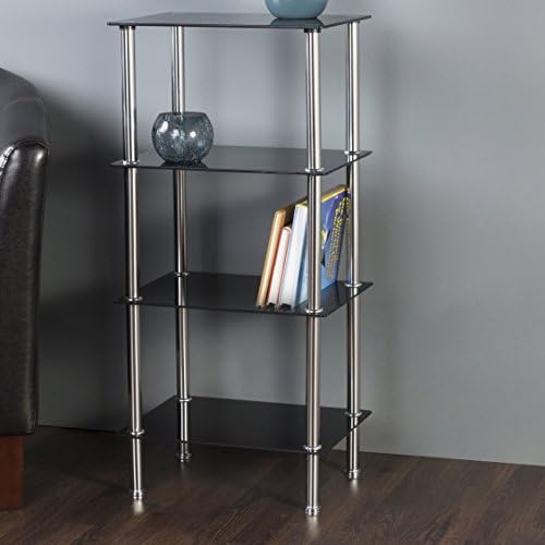 Freestanding Bookshelf with 4 Tier Black Tempered Glass Shelves Made with Metal in Chrome 34.06'' H x 15.75'' W x 11.81'' D