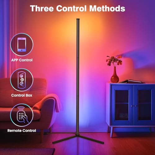 riyo Led Floor Lamp, RGB Corner Floor Lamp with APP and Remote Control, 16 Million Colors & 68+ Scene Color Changing Ambience Light with Music Sync for Living Room, Bedroom, Gaming Room Decor
