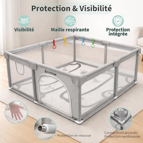 KIZTEKK - Baby Playpen 150 x 150 cm - Baby Playpen with Foldable Floor Mat - Large Secure Space - Reinforced Protection - 360° Visibility - 2 Storage Bags Included - 4 Support Rings