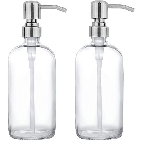 2 Pack Thick Clear Glass Pint Jar Soap Dispenser with Silver Stainless Steel Pump, 16ounce Clear Boston Round Bottles Dispenser with Rustproof Pump for Essential Oil, Lotion Soap