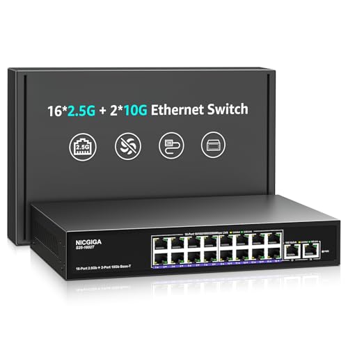 10Gbe Unmanaged Ethernet Switch with 2 x 10Gb RJ45 Ports + 16 x 2.5GB Base-T Ports, Wall Mount NICGIGA 18 Ports 10Gbps Network for Wireless AP, NAS, PC