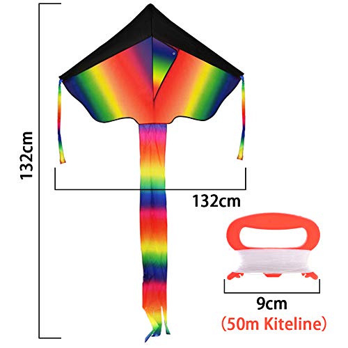Koogel Drachen, Regenbogen Drachen Flugdrachen für Kinder und Erwachsen mit langem Schwanz und 50m Drachenschnur, 120 x 60 cm