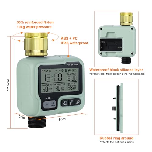 Johgee Watering Computer with Brass Inlet, Garden Watering Timer with Rain Delay, Automatic/Manual Watering Control Programmable