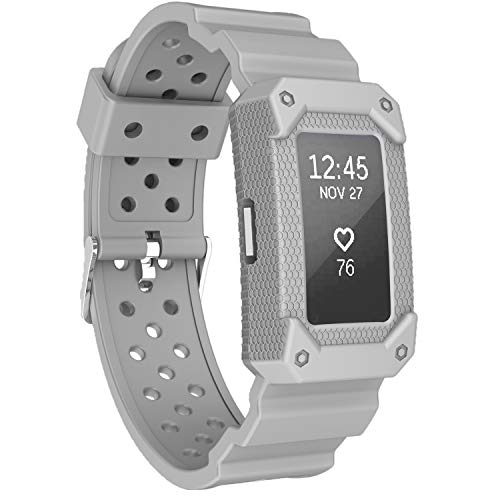 Moretek for Charge2 Band Tough Hard Hybrid Cover Dual Layer Armor Defender Case Wrist Strap for Fitbit Charge 2 Replacement Bands (Grey)
