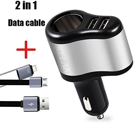 Car Charger KLLAK 3.1A/24W Smart Port 3 in 1 Car Charger 2 Port USB+Cigarette Lighter for iPhone 6S Plus 6 Plus 6 5SE 5S 5 5C 4S, Samsung Galaxy S7 S6 (2 USB + 2 in 1 Data cable)
