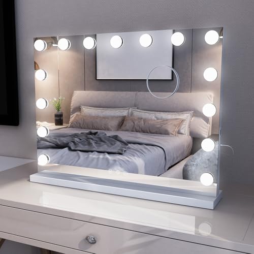 MIQU Espejo Maquillaje con Luz 58x45cm,Espejo Tocador Hollywood con 15 Bombillas LED,3 Modos de Luz,Intensidad Ajustable,con Puerto USB/Type-C,Aumento 10X,Control Táctil,para Mesa o Pared