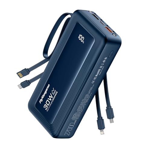 Powerbank 27000mAh mit 4 integrierten Kabel, 30W USB C Schnellladefunktion