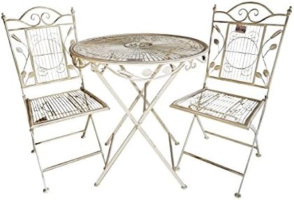 Three-Piece Folding Outdoor Bistro Set with Center Geometric Design, Square Back Chairs &amp; Round Topped Table, Wrought-Iron, Color: Fossil White