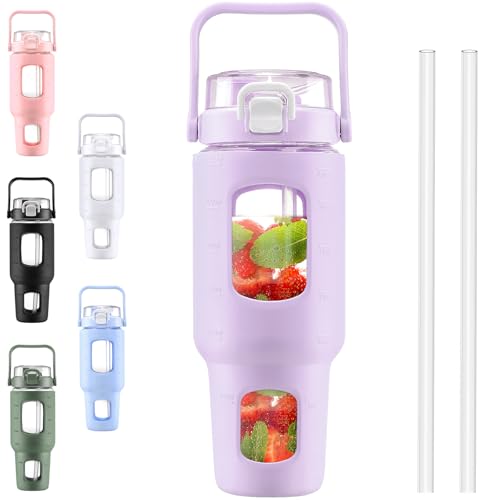 BLUEGO 1,2 l Glas-Wasserflaschen mit Strohhalm und Zeitmarkierung, Glasbecher mit Griff und Deckel, leicht zu reinigen, passt in den Auto-Becherhalter