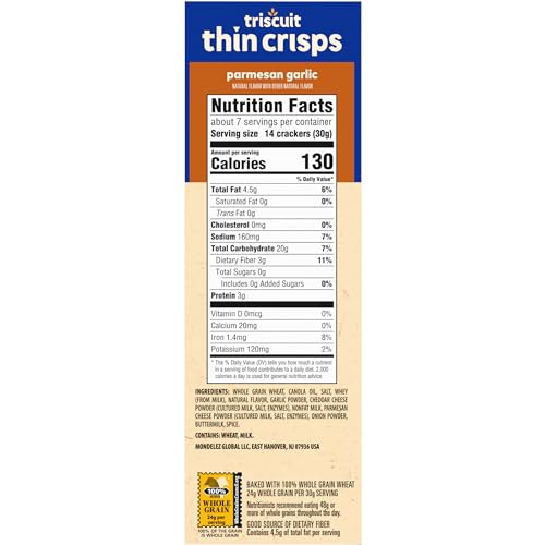 TRISCUIT THIN CRISPS PARMESAN GARLIC WHOLE GRAIN WHEAT CRACKERS, LUNCH SNACKS, SNACK CRACKERS, 7.1 OZ