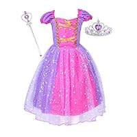 LENSEN Tech Princess Rapunzel Costume Baby Girls Dress with Crown Mace(Purple, 5-6 Years)