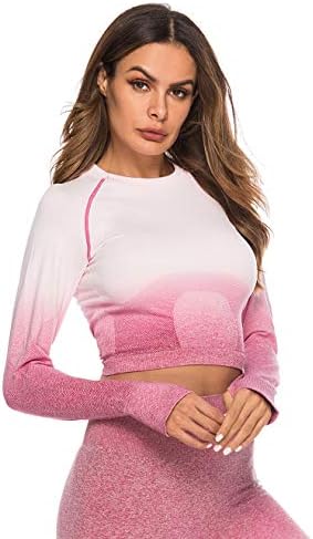 Seamless Ombre Long Sleeve Crop Top Fitness Workout Gym Running Yoga Excise Shirts for Women