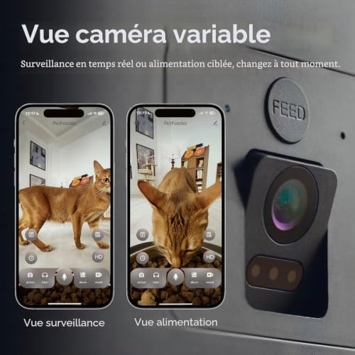 Distributeur Croquettes Chat Automatique avec Caméra, 6L, pour Chat et Petit Chien, Audio Bidirectionnel, Vision Nocturne, Contrôle via App WiFi 2.4G, Bol en Acier Inoxydable (Noir)