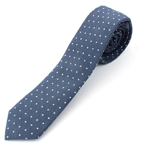 Men's Cotton Skinny Necktie Tie Polka Dot Pattern Textured Fabric Vintage Look - Blue/Grey