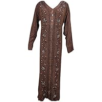 Womens Button Front Maxi Dresses Brown Stonewashed Rayon Embroidered Abaya Xl