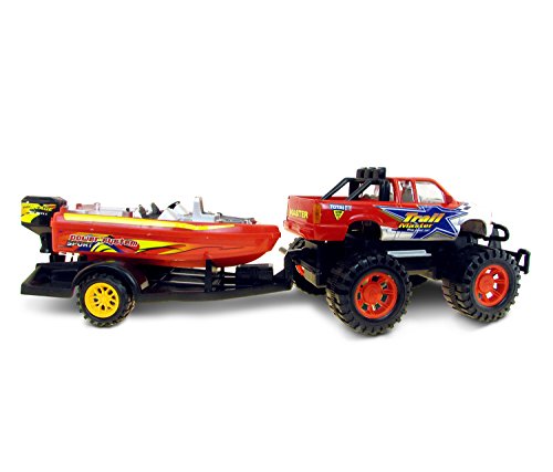 Mozlly Red Monster Truck with Boat Powerful Red Monster Truck with Boat - Vehicle Theme - 1 Hauling Truck and 1 Speed Boat - Item #101308
