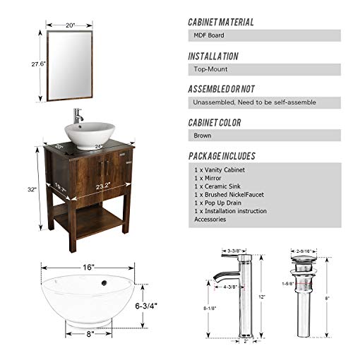 eclife 24” Bathroom Vanity Sink Combo Brown W/Round White