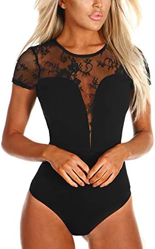 Kalin Women V Neck Floral Sequin Bodysuit Mesh See Through Long Sleeve Rompers Top