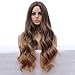 Brown Ombre Wig 28 Inch Long Wavy Wig Soft Dark Warm Brown Roots Mixed Ash Blonde Curly Hair for Women Glueless Long Wave Synthetic Wig Free Wig Cap Cosplay Halloween Wig