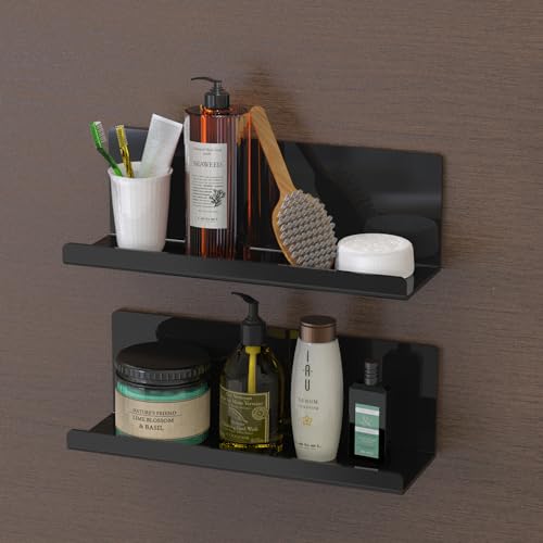 Toski Set of 2 Black Acrylic Wall Shelves No Drilling 30cm Self Adhesive Kitchen Floating Photo Wall Shelf Bathroom Adhesive