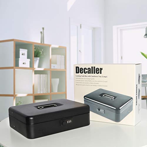 Decaller Large Cantilever Money Box, Metal Frosted Cash Box with Combination Lock - 5 Compartments & 4 Spring-Loaded Clips for Bills, 11 4/5" x 9 2/5" x 3 1/2", QH30013L