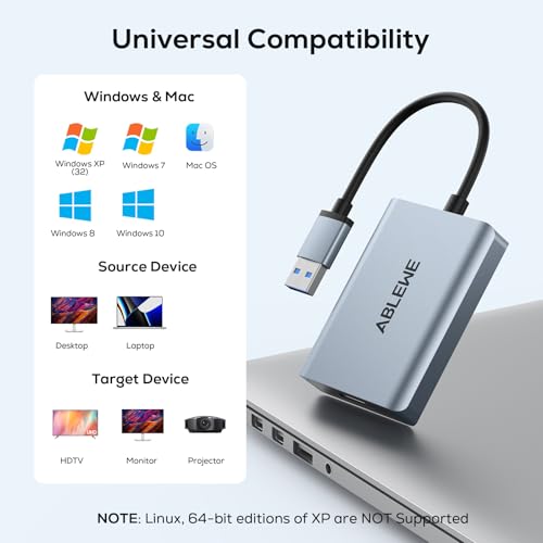 ABLEWE USB to HDMI Adapter, Upgraded Aluminium HDMI to USB 3.0 Audio Video Graphics Converter Cable for PC Laptop Monitor Projector TV, 2.0 to Adapter Mac OS, Windows 10/8.1/8/7