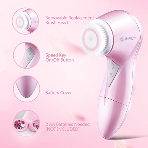 Valentine's Day Gift Electric Facial Brush Ultrasonic Vibration Face Cleansing Brush with 2 Brush Heads 60s Auto-off Makeup Remove Pore Cleanser, Pink. Hepburn.S