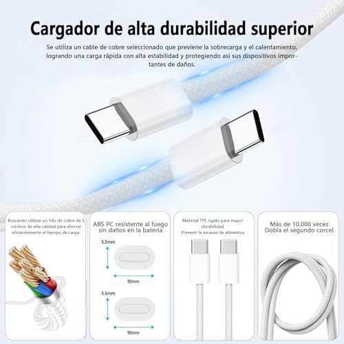 Rantuia 2pcs Cargador Tipo C de 30W, Cargador iPhone Original con Cable Trenzado de 1,5 M Carga Ultrarrápida, para iPhone 15/15pro/15 Pro MAX 16/16pro/16 Pro MAX Original.