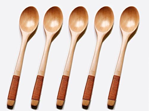 10inch Long Handle Wooden Cooking Mixing Spoon Kids wood Soup Spoons Lotus wood Rice Serving Tableware Flatware Set with Tied Line on Handle 5pcs (Red)