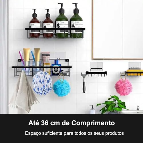 Kit com 4 Suportes, Suporte Para Shampoo Box, Suporte Banheiro Preto, Adesivo, Suporte Banheiro Sem Furo, Também Possível Com Furo