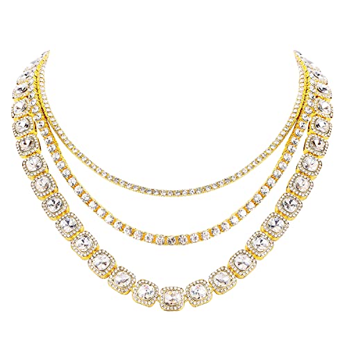 HH BLING EMPIRE Gold Silver Chain Necklace for Men Women Iced Out Diamond Tennis and Cuban Link Chain Necklaces Hip Hop Jewelry Sets 3Pc 18/20/24 Inch