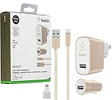 Belkin Metallic Mixit -12W 2.4Amp Fast - Home & Car Lightning Charger W/C TYPE C Adapter - Gold White Kit -(Retail Packing) For iOS iPhone 8/+/X iPad Pro