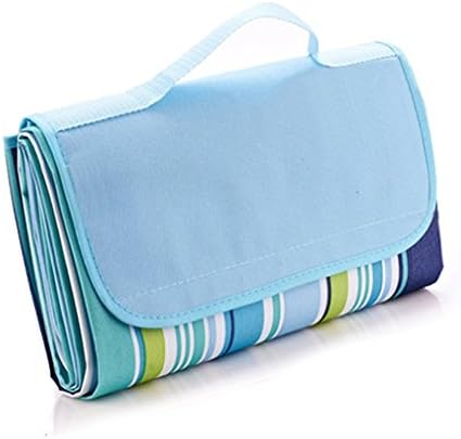 Outmall Beach Blanket, Portable Foldable Waterproof Sandproof Mat Outdoor Travel Camping Picnic Blanket Tote for BBQ Hiking Backyard Grass Sports and Games - 79" L x 57" W Size (Blue Stripe)