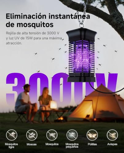 Lámpara Antimosquitos, Mata Mosquitos Eléctrico para Interior Exterior | Luz UV 360°, Rejilla 3000V, Bandeja extraíble, Resistente al agua IPX4, Para dormitorio y terraza