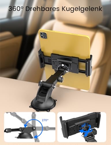 OHLPRO Tablet Holder Car, 360° Rotation Tablet Mounts, 18 cm, Extendable Arm + Washable Suction Cup, iPad Car Mount Clamp, Universal Windscreen and Dashboard for 4.7-13 Inch iPad Smartphone