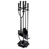 Tangkula Fireplace Set 5 Piece Rustic Heavy Duty Compact Wrought Iron Fire Place Tool Set with Pedestal Place, Hearth Tool, 25.5" (Black All)