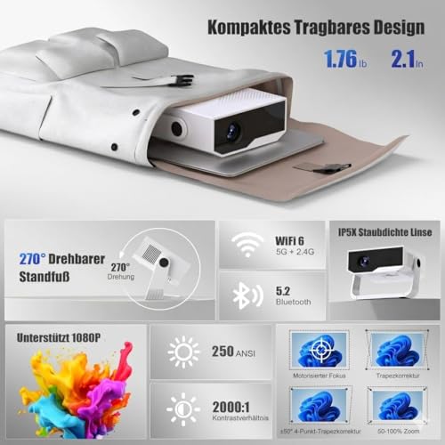 ZDK 2026 Upgrade Mini Projector Integrated Apps, Android 14, Supports 4K 1080P, Trapezoidal Correction, WiFi & BT Projector 4K Home Cinema, Portable Projector with 270° Rotating Stand, Compatible