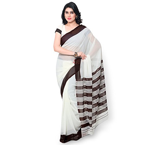 Janasya Women's Cream & Brown Printed Georgette Saree