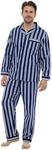 Walter Grange Mens Sleepwear Striped Flannel Button Top Pyjama Suit Set Navy L