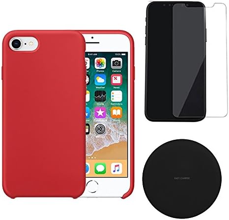 Ultimate iPhone 8 Bundle - All of Your Smartphone Needs! 1. Premium Silicone Gel Rubber Protective Case, 2. 9H Glass Screen Protector, 3. Slim 10W Wireless Charger (Red)