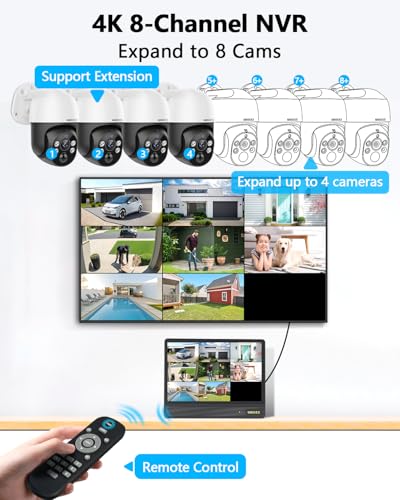 (2026 Updated) 4K PoE PTZ Security Camera System, 4 Outdoor PTZ Cameras, 8CH NVR with 10.2" IPS Display, 130° Wide Angle, AI Human Detection, PIR Motion, 2-Way Audio, IP66, Free App, 1TB HDD