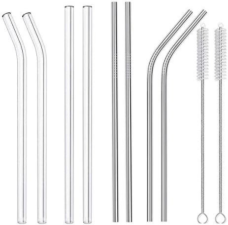 10" Reusable Straws Set of 10, 4 Pieces Stainless Steel Drinking Metal Straws and 4 Pieces Glass Smoothie Straws with 2 Clean Brushes