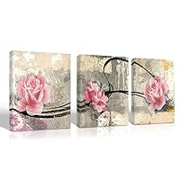 Mon Art Gorgeous Blossom Flower Rose Painting Canvas Print Wall Art Pink Flowers Red Lilies Floral Pictures Pure Fresh Romantic Home Decor Framed Artwork for Girls Living Room Bedroom Decoration 3Pcs