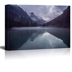 Canvas Wall Art - Black Mountains and Reflections on The Lake - Giclee Print Gallery Wrap Modern Home Art Ready to Hang - 12x18 inches