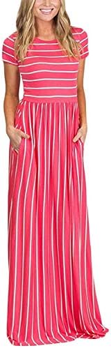 Roseseedlove Women 3/4 Sleeve Elastic Waist Loose Long Dress Casual Striped Round Neck - Maxi Long Dress Side Pocket